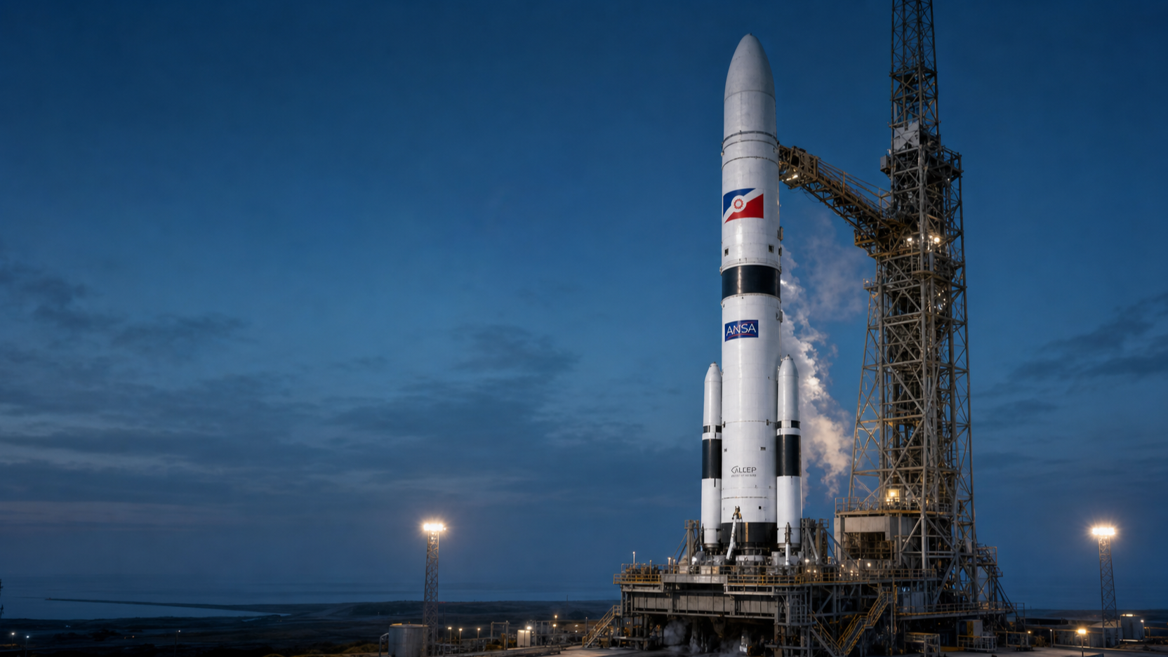 Asteria-H launch vehicle on the pad at Cape Halcyon before dawn.