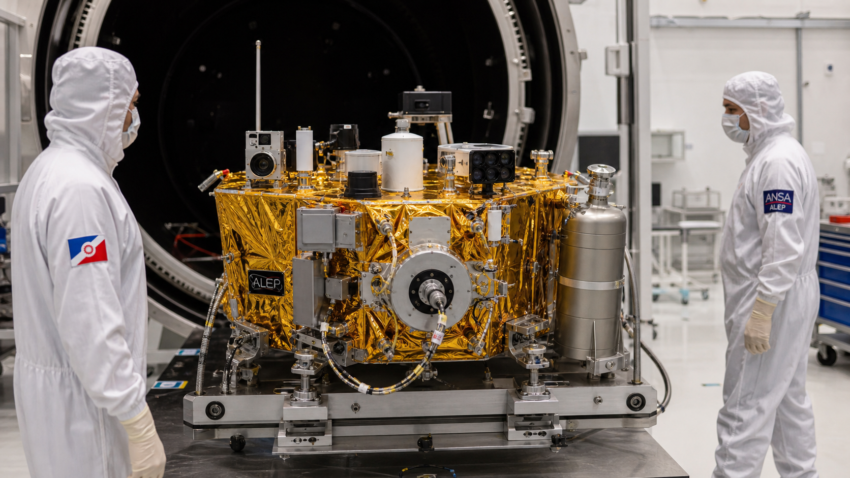 Two clean-room technicians inspect the gold-wrapped Lunar Polar Science Package in front of a thermal-vacuum chamber.